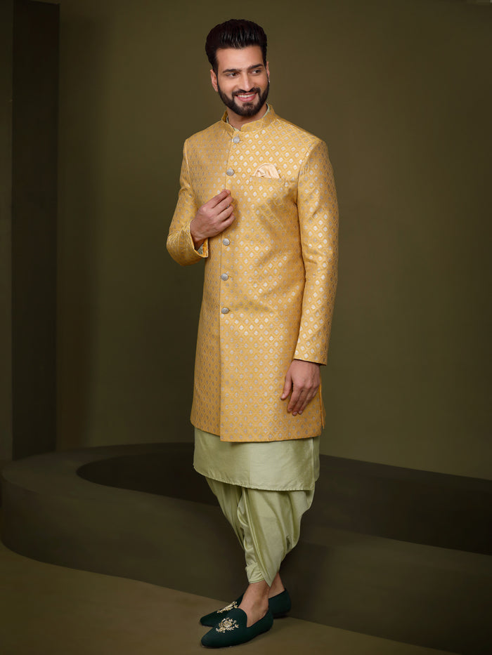 Men's Mustard Indowestern Set With Kurta and Dhoti