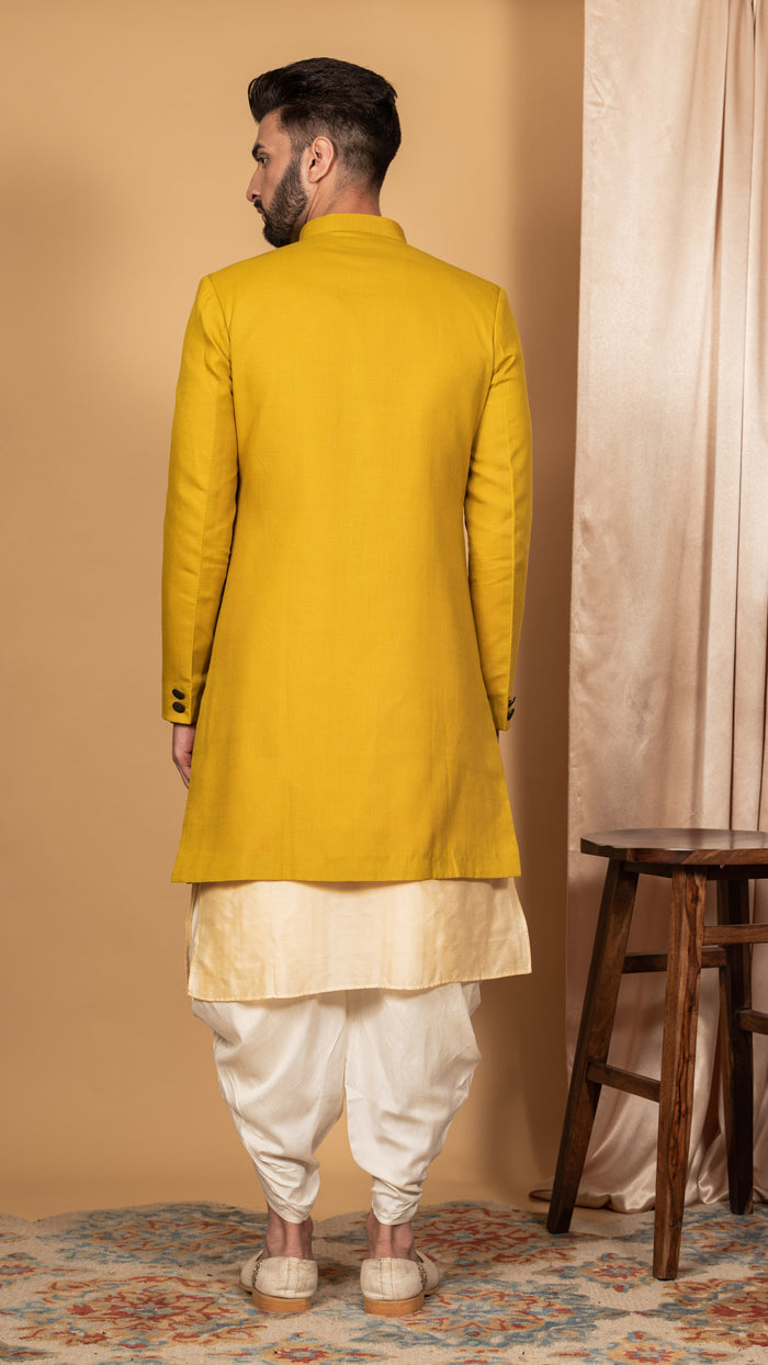 Men's Mustard Indowestern Set With Kurta and Dhoti