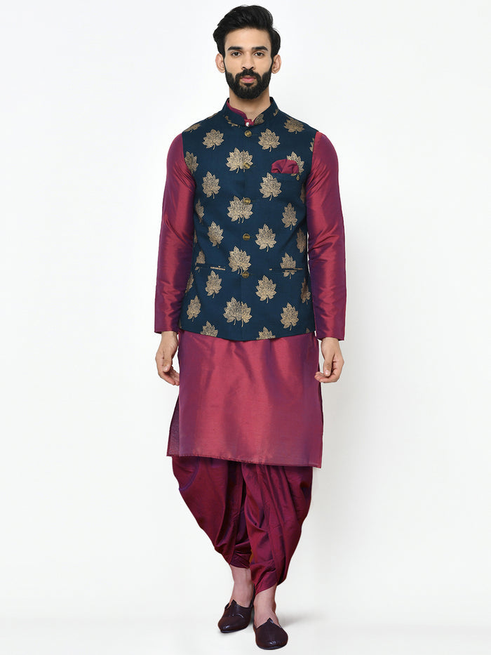 Men's Navy Blue Kurta Jacket Dhoti Set