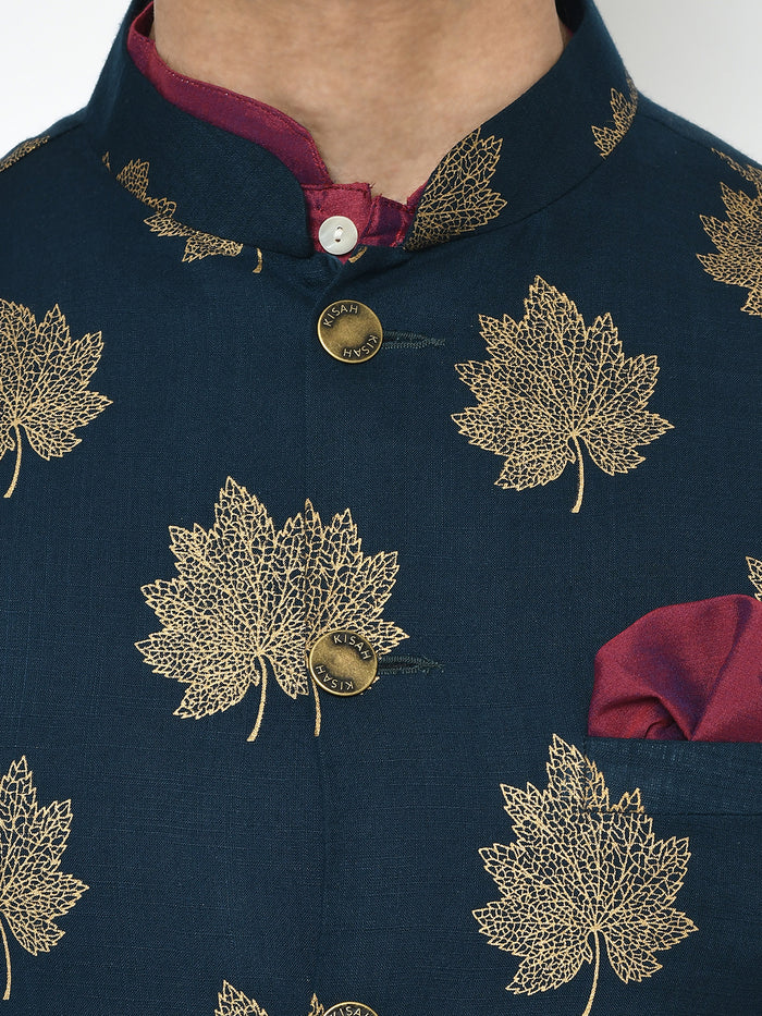 Men's Navy Blue Kurta Jacket Dhoti Set