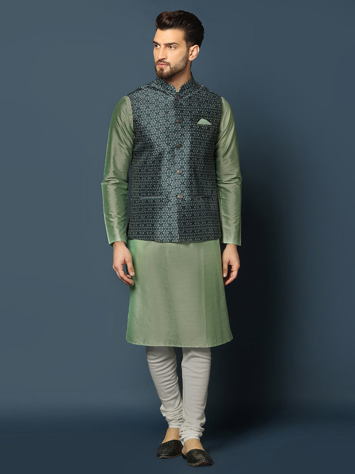Men's Teal Kurta Jacket Churidar Set
