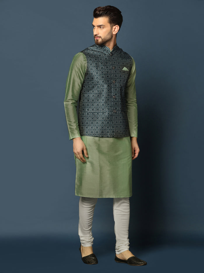 Men's Teal Kurta Jacket Churidar Set