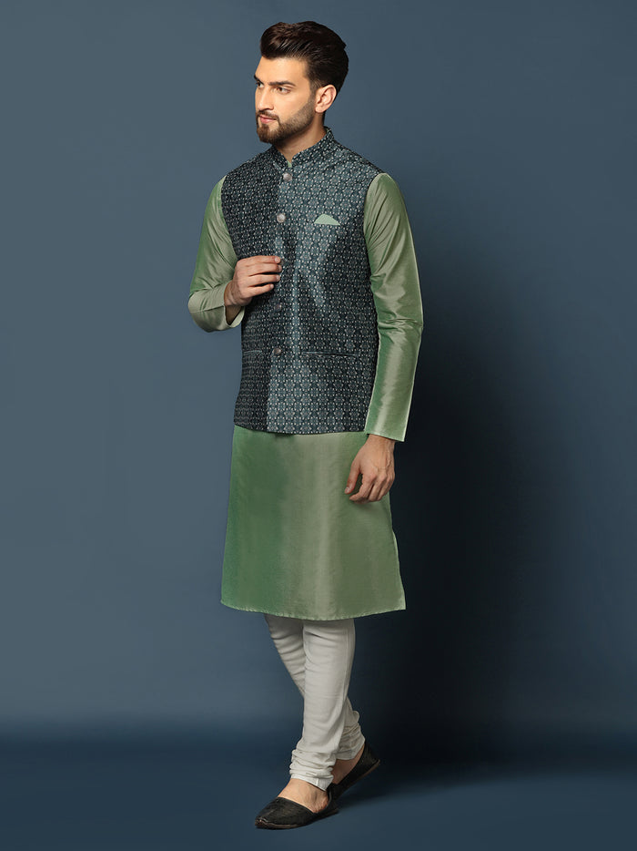 Men's Teal Kurta Jacket Churidar Set