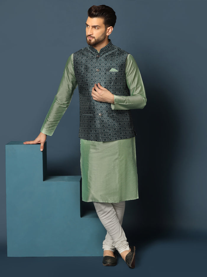 Men's Teal Kurta Jacket Churidar Set