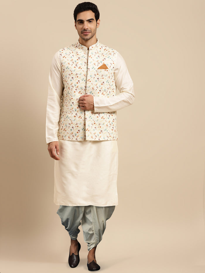 Men's White Kurta Jacket Dhoti Set