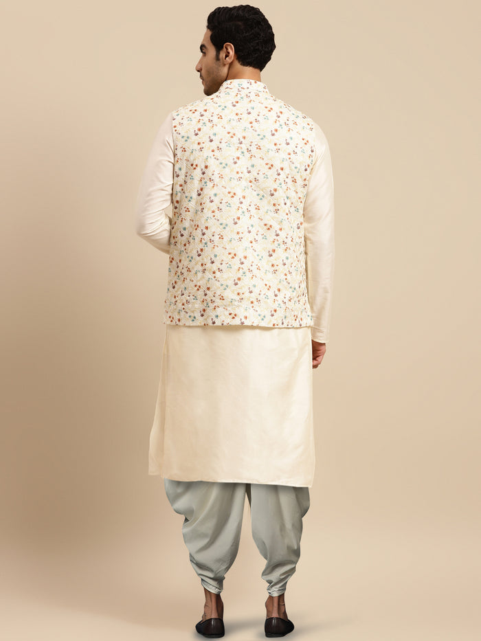 Men's White Kurta Jacket Dhoti Set