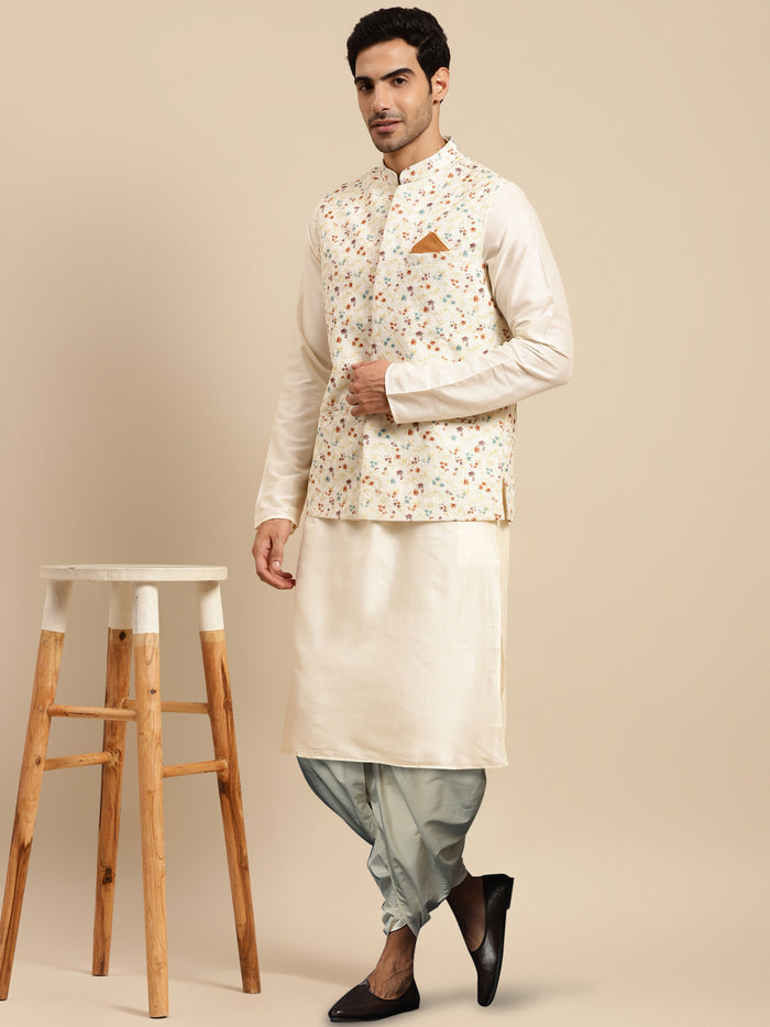 Men's White Kurta Jacket Dhoti Set