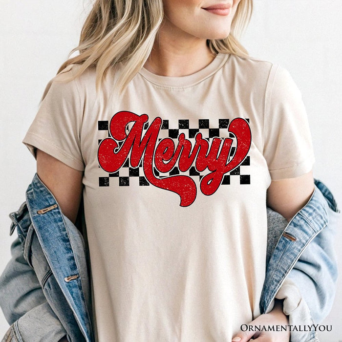 Merry Retro T‑Shirt, Christmas Checkered Tee T-Shirts OrnamentallyYou
