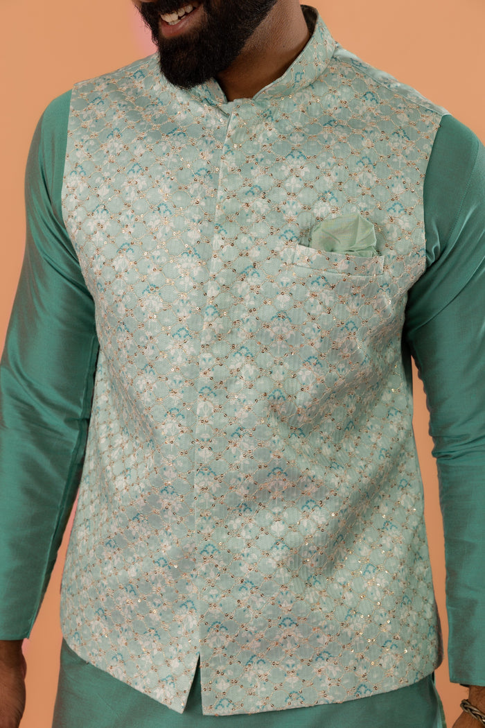 Mint Green Jacquard Nehru Jacket