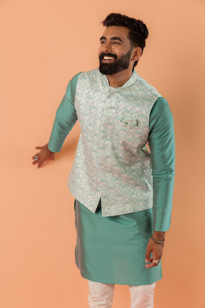 Mint Green Jacquard Nehru Jacket