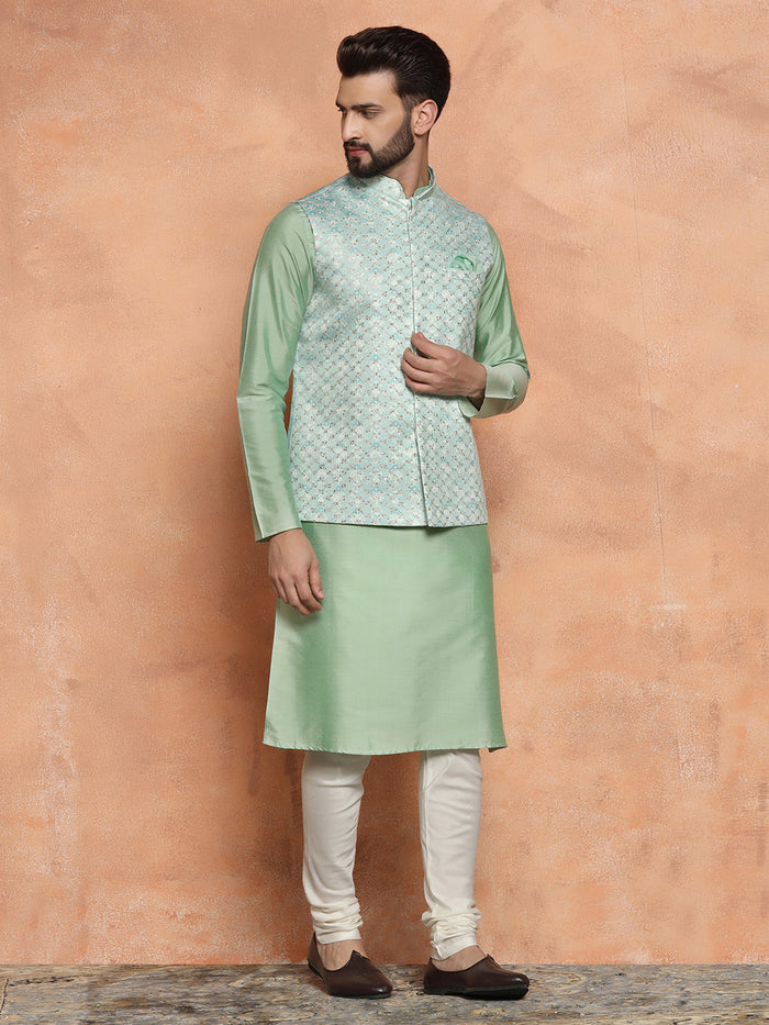 Mint Green Kurta with Jacquard Jacket & Churidar