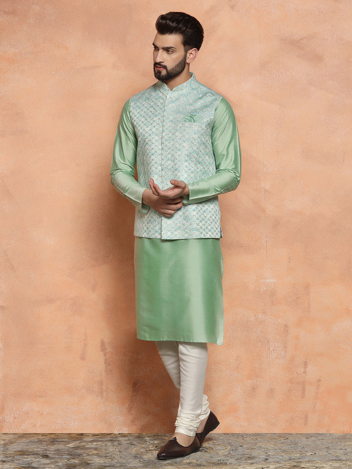 Mint Green Kurta with Jacquard Jacket & Churidar