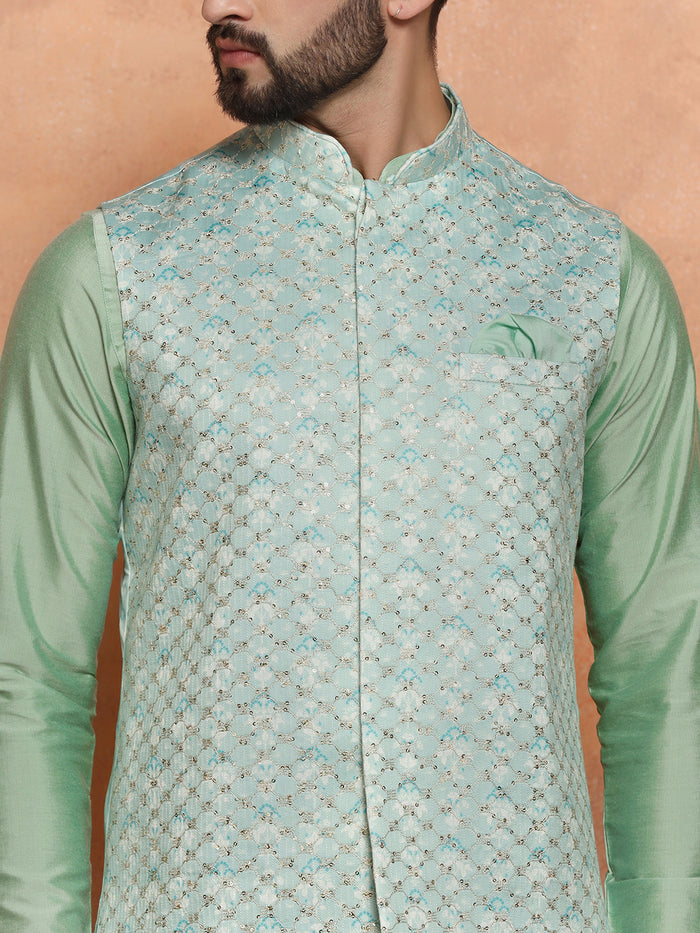 Mint Green Kurta with Jacquard Jacket & Churidar