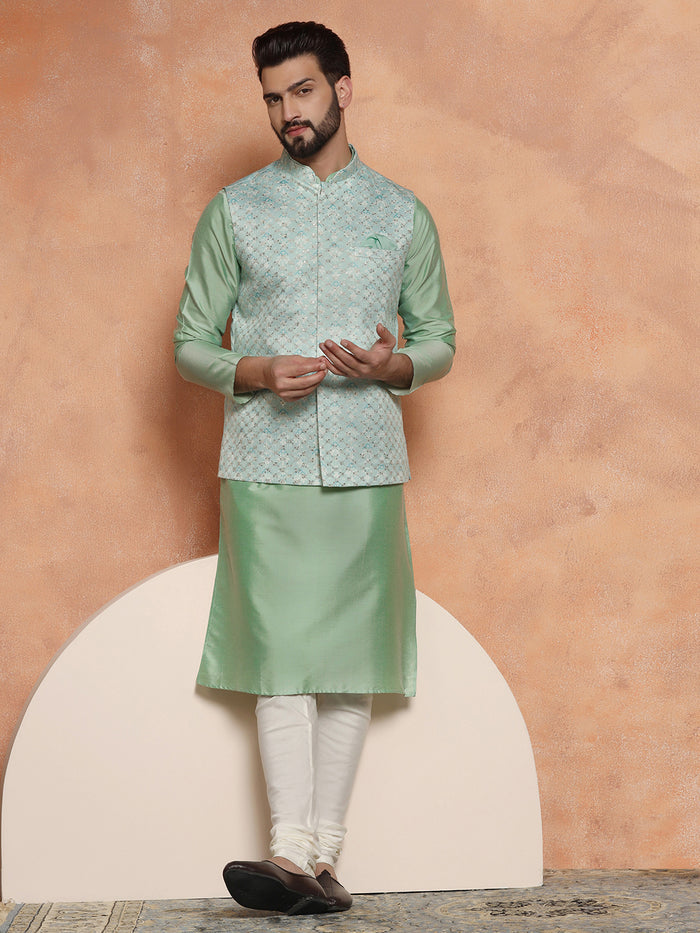Mint Green Kurta with Jacquard Jacket & Churidar