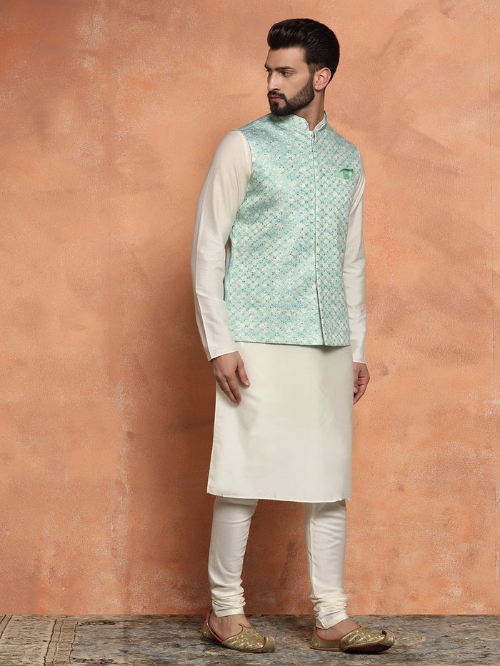 Mint Green Woven Nehru Jacket Kurta Churidar