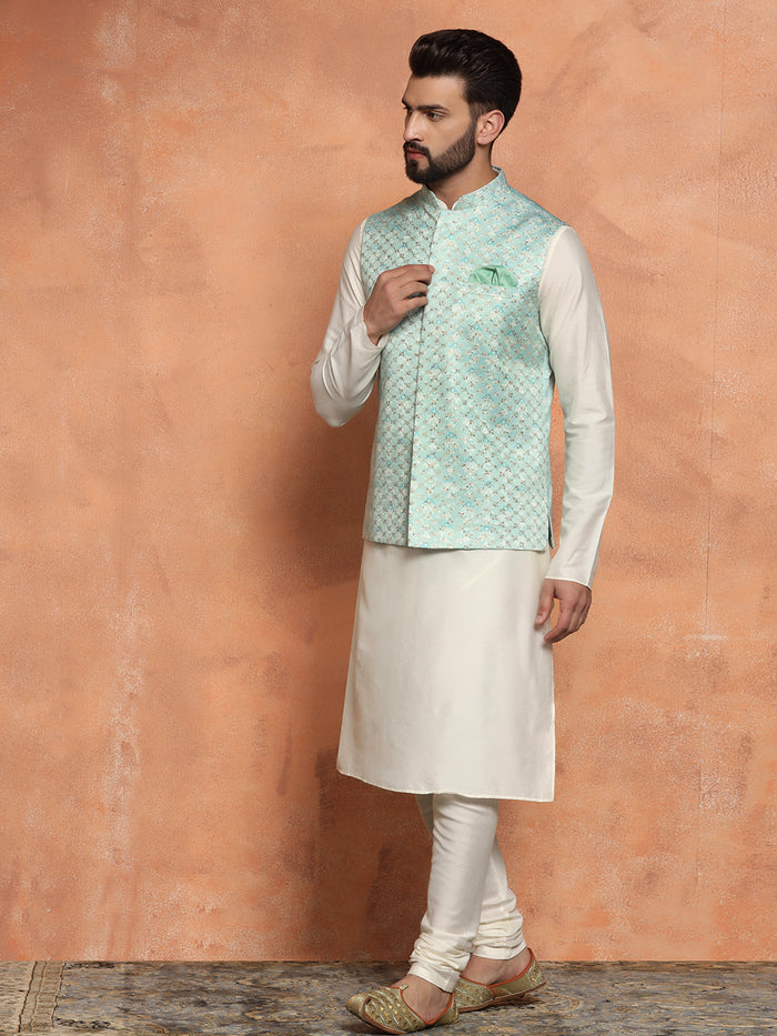 Mint Green Woven Nehru Jacket Kurta Churidar