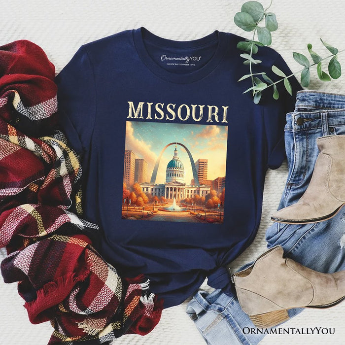 Missouri State Gateway Arch and Courthouse T-Shirt, Iconic St. Louis Landmarks Tee and Travel Souvenir T-Shirts OrnamentallyYou Navy XS