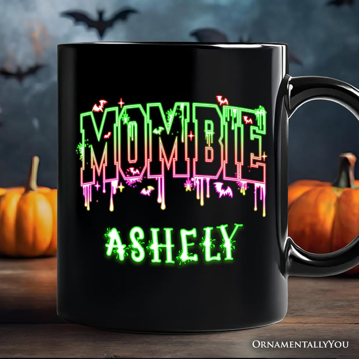 Mombie Halloween Personalized Mug, Funny Gift with Custom Name for Spooky Moms Personalized Ceramic Mug OrnamentallyYou Black Customized