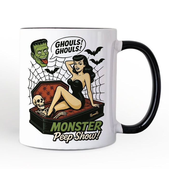 Monster Peep Show Pin-Up Personalized Mug, Retro Horror Halloween Gift with Custom Name Personalized Ceramic Mug OrnamentallyYou White - Black Non-Custom