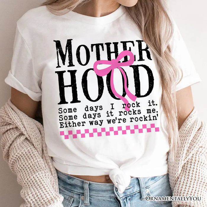 Motherhood Coquette Pink Bow T-Shirt, Retro Checkered White Tee for Sassy and Stylish Moms T-Shirts OrnamentallyYou