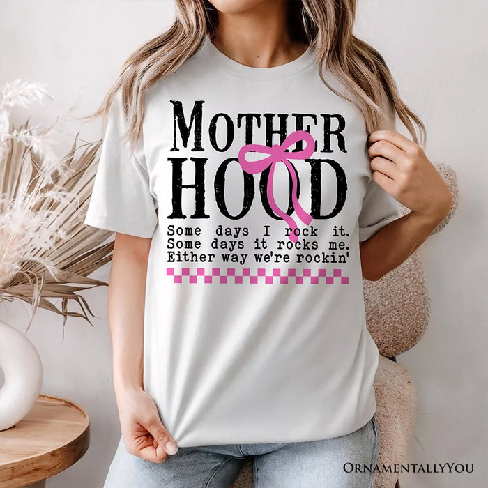 Motherhood Coquette Pink Bow T-Shirt, Retro Checkered White Tee for Sassy and Stylish Moms T-Shirts OrnamentallyYou