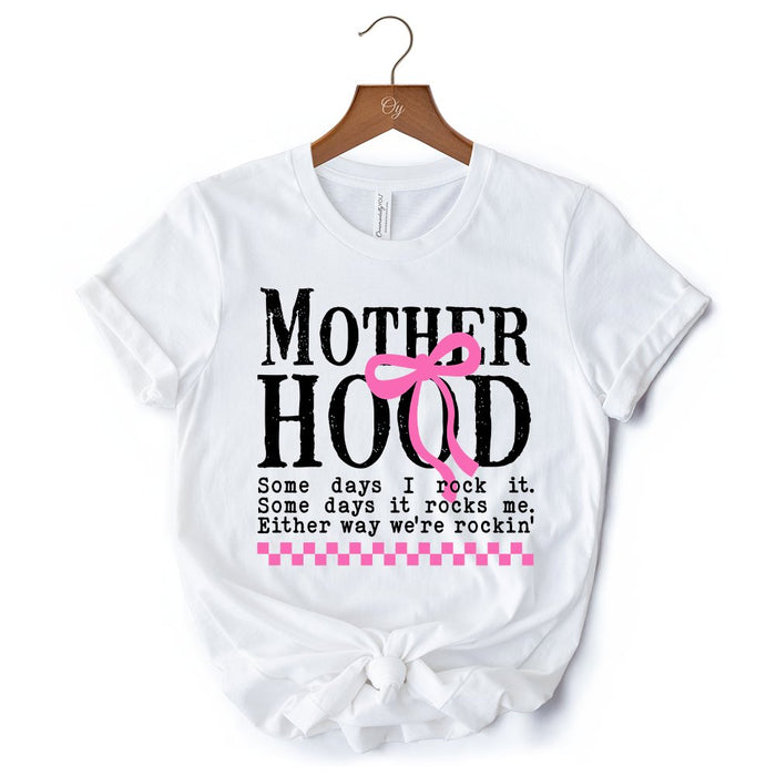 Motherhood Coquette Pink Bow T-Shirt, Retro Checkered White Tee for Sassy and Stylish Moms T-Shirts OrnamentallyYou