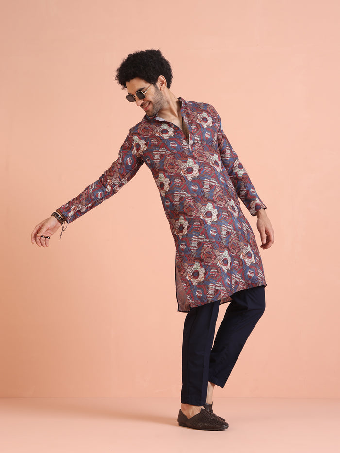 Multi Color Art Silk Printed Long Kurta