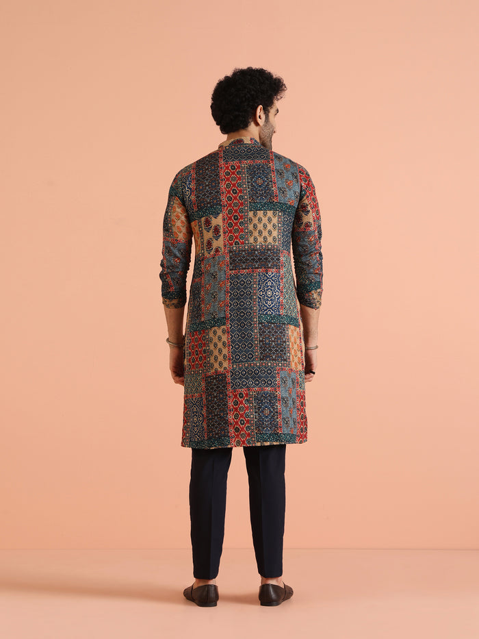 The back view of the model showcases Kisah's Multi Color Cotton Printed Kurta, buy kurta for men online
