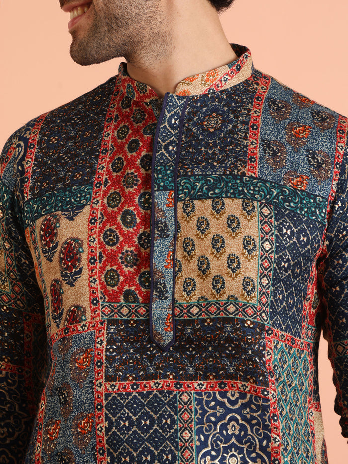 The close-up highlights the detailed patchwork print on Kisah's Multi Color Cotton Kurta, buy kurta for men online