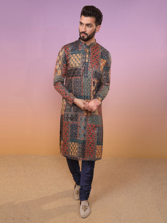 Multi-Color Patchwork Kurta with Navy Churidar