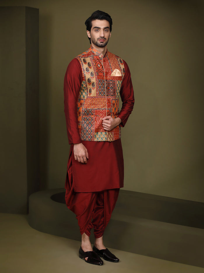 Multi Color Silk Blend Printed Jacket Kurta Dhoti Set