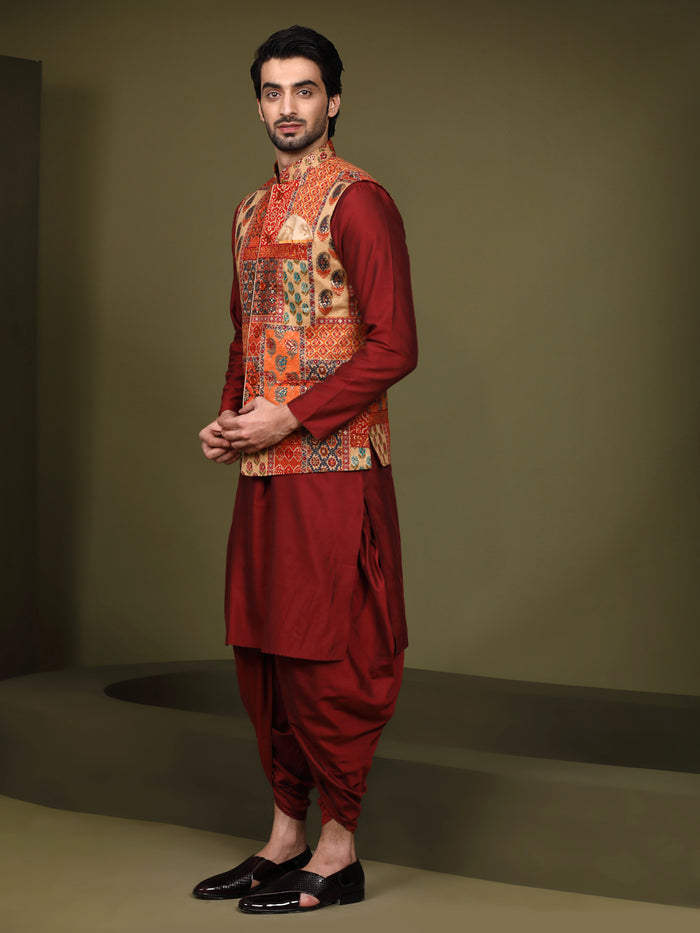 Multi Color Silk Blend Printed Jacket Kurta Dhoti Set
