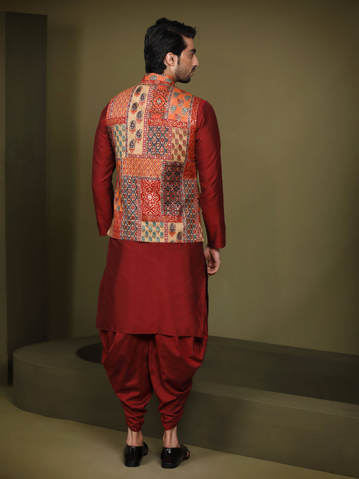 Multi Color Silk Blend Printed Jacket Kurta Dhoti Set