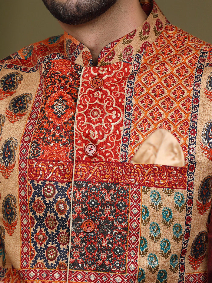Multi Color Silk Blend Printed Jacket Kurta Dhoti Set