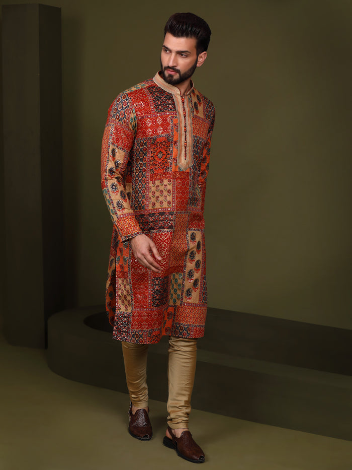 Multi Color Silk Blend Printed Kurta Churidar