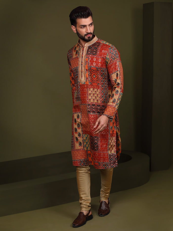 Multi Color Silk Blend Printed Kurta Churidar