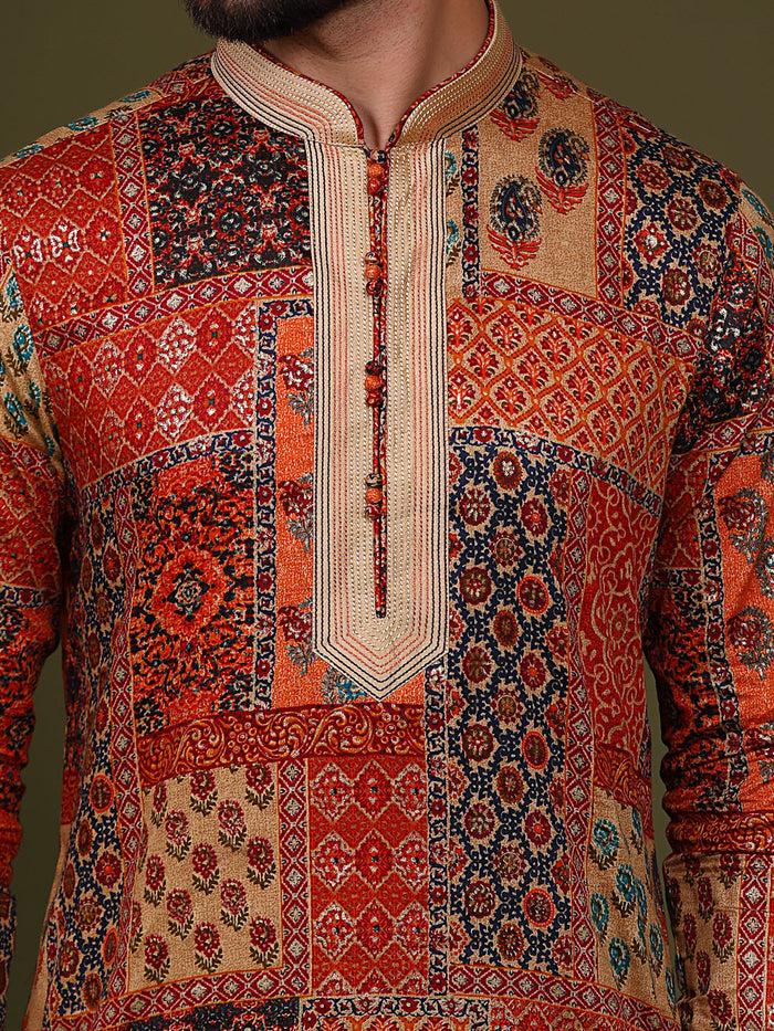 Multi Color Silk Blend Printed Kurta Churidar