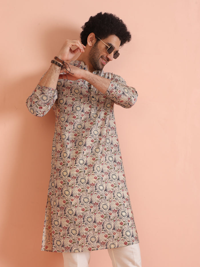 Multicolor Beige Printed Cotton Kurta