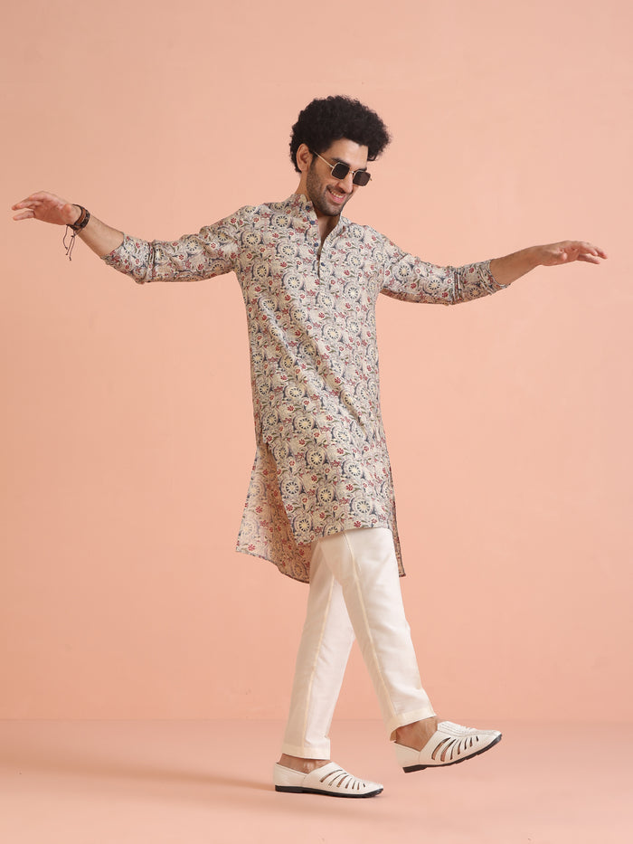 Multicolor Beige Printed Cotton Kurta