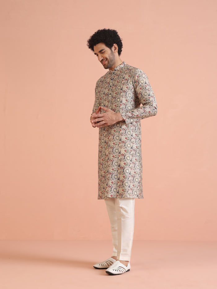 Multicolor Beige Printed Cotton Kurta