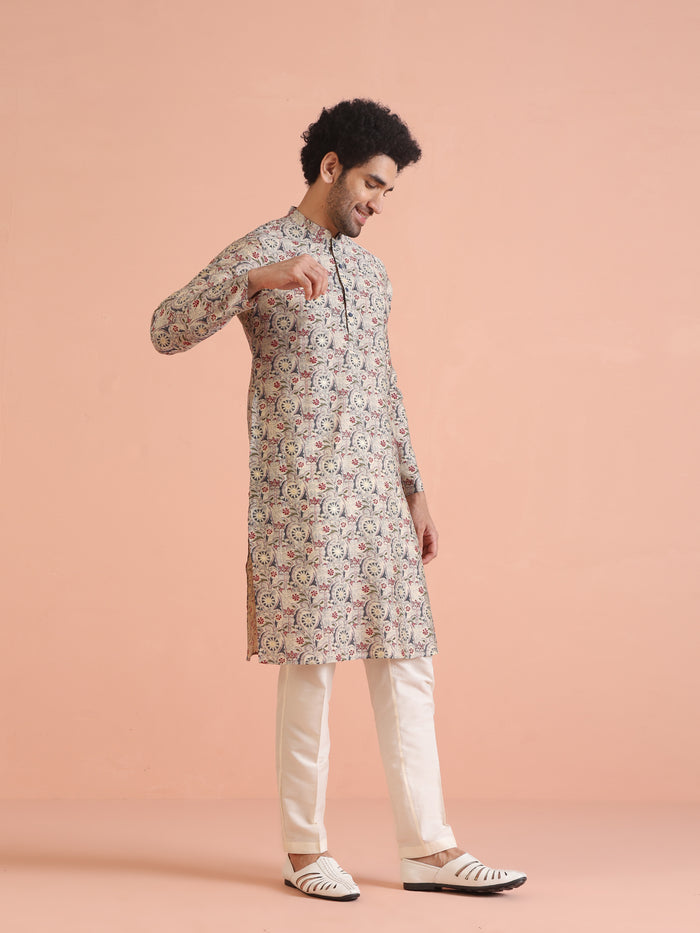 Multicolor Beige Printed Cotton Kurta