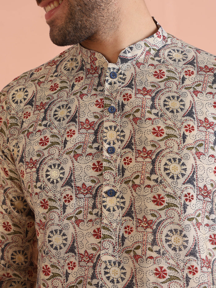 Multicolor Beige Printed Cotton Kurta