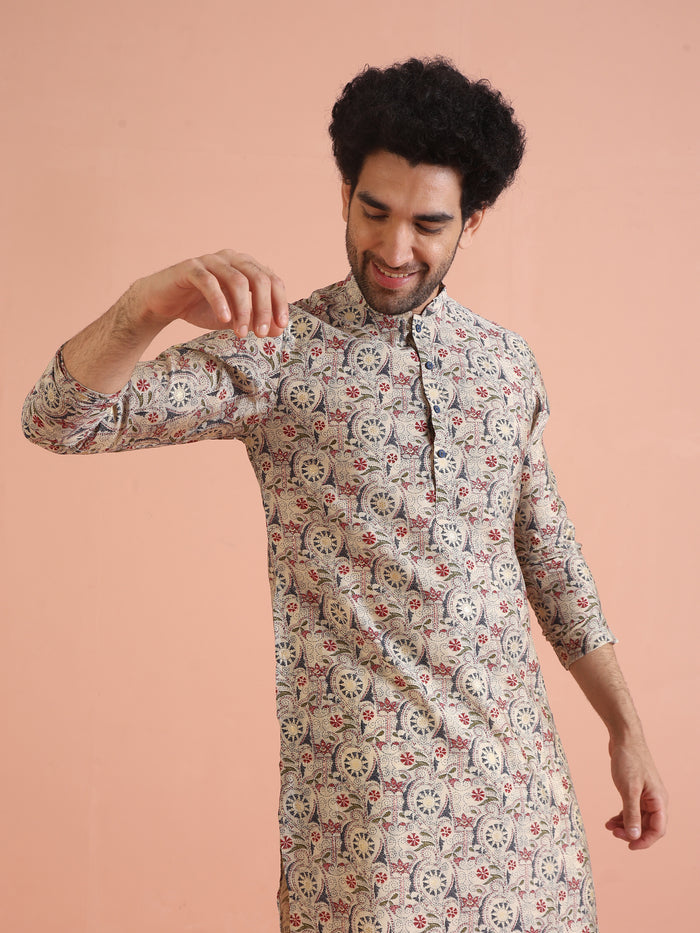 Multicolor Beige Printed Cotton Kurta