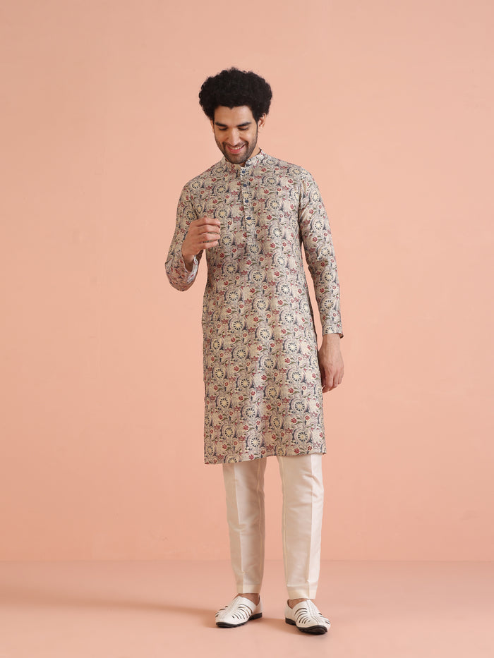 Multicolor Beige Printed Cotton Kurta