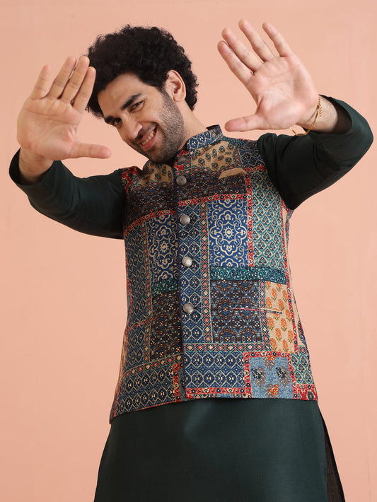 Multicolor Patchwork Printed Silk Blend Nehru Jacket with Mandarin Collar