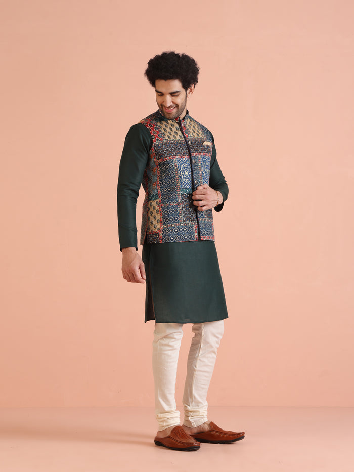 Multicolor Patchwork Printed Silk Blend Nehru Jacket with Mandarin Collar