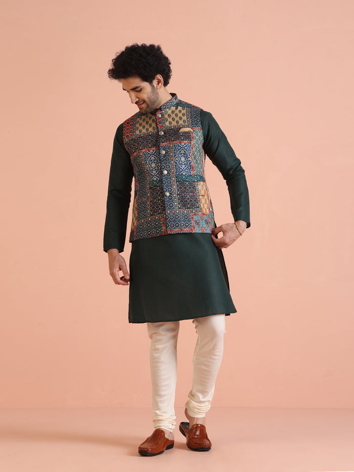 Multicolor Patchwork Printed Silk Blend Nehru Jacket with Mandarin Collar