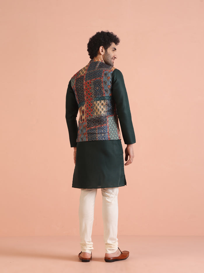Multicolor Patchwork Printed Silk Blend Nehru Jacket with Mandarin Collar