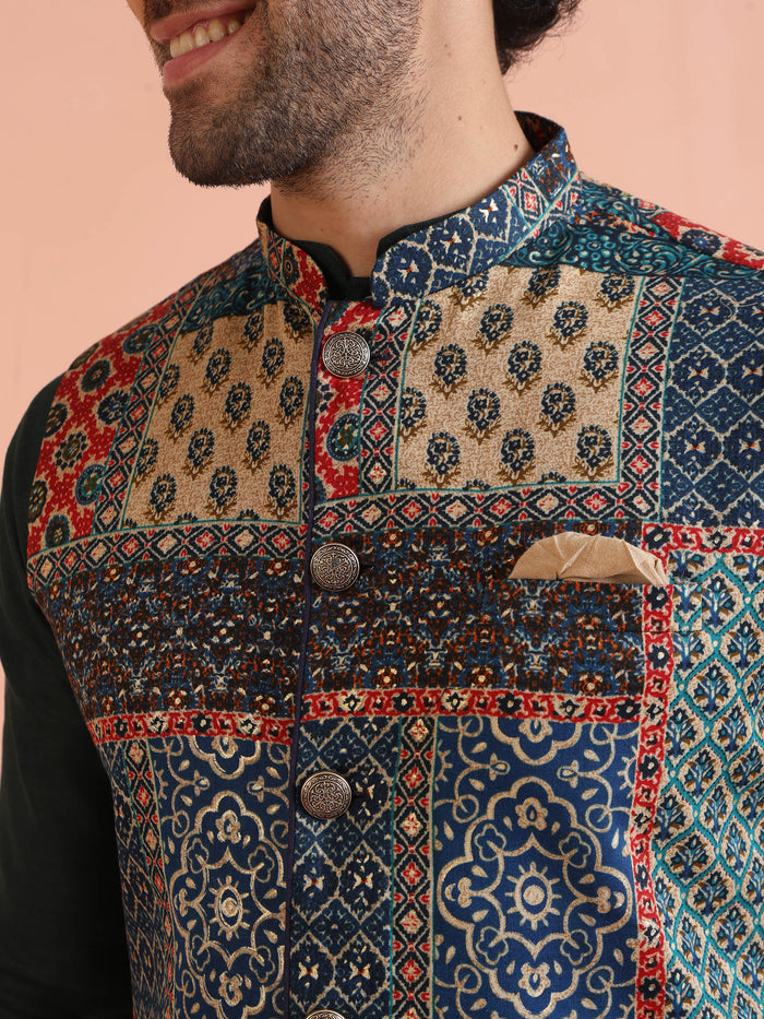 Multicolor Patchwork Printed Silk Blend Nehru Jacket with Mandarin Collar
