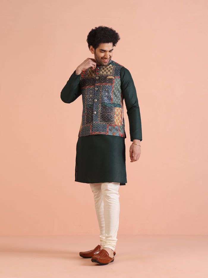 Multicolor Patchwork Printed Silk Blend Nehru Jacket with Mandarin Collar